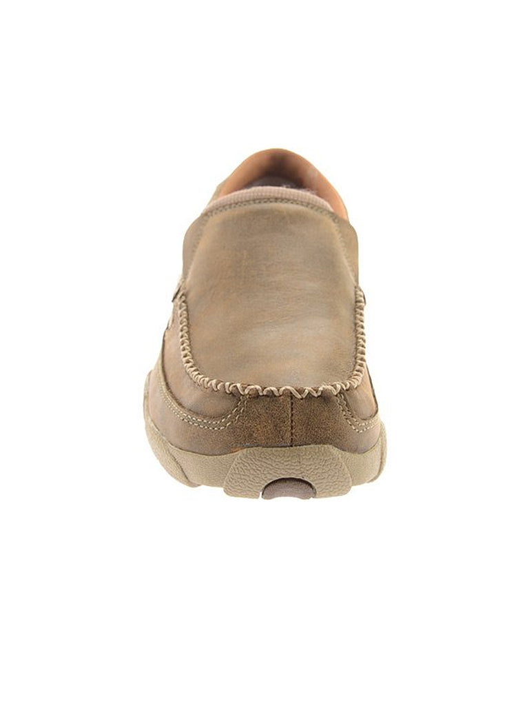 Twisted X MDMS002 Mens Slip On Driving Moccasin Brown front and side view. If you need any assistance with this item or the purchase of this item please call us at five six one seven four eight eight eight zero one Monday through Saturday 10:00a.m EST to 8:00 p.m EST