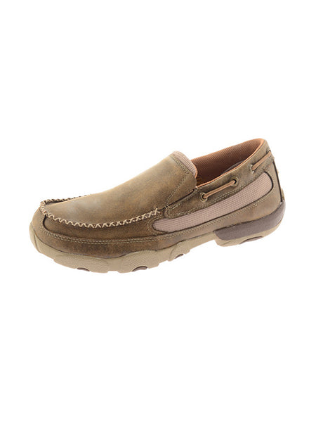 Twisted X MDMS002 Mens Slip On Driving Moccasin Brown front and side view. If you need any assistance with this item or the purchase of this item please call us at five six one seven four eight eight eight zero one Monday through Saturday 10:00a.m EST to 8:00 p.m EST