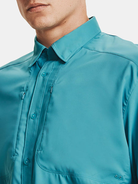 Under Armour 1351121-477 Mens Tide Chaser 2.0 Long Sleeve Shirt Teal Blue close up. If you need any assistance with this item or the purchase of this item please call us at five six one seven four eight eight eight zero one Monday through Saturday 10:00a.m EST to 8:00 p.m EST