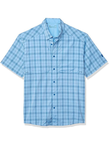 Under Armour 1353334-475 Mens Tide Chaser 2.0 Short Sleeve Plaid Shirt Blue Graphite front view. If you need any assistance with this item or the purchase of this item please call us at five six one seven four eight eight eight zero one Monday through Saturday 10:00a.m EST to 8:00 p.m EST