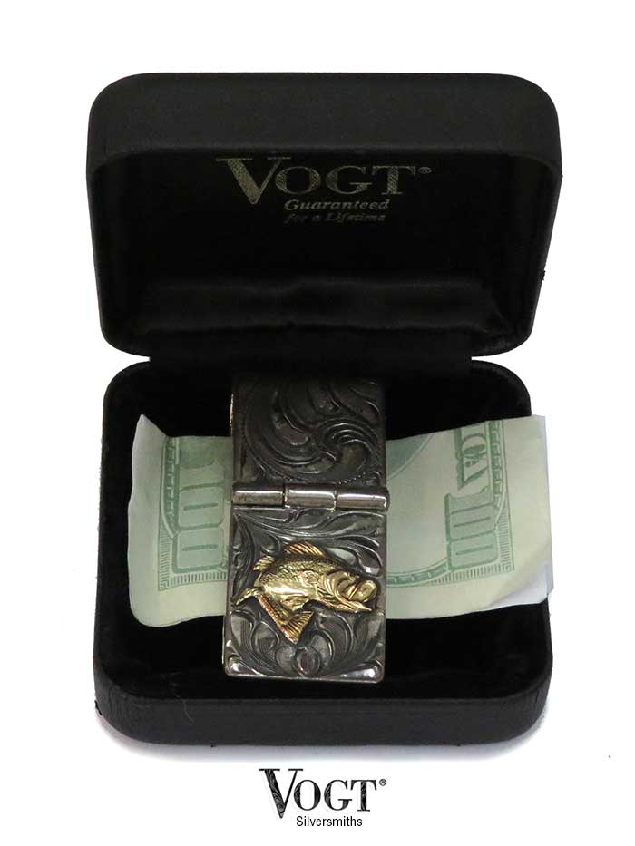 VOGT 121-033 Hand Engraved Sterling Gold Bass Hinged Money Clip  top view. If you need any assistance with this item or the purchase of this item please call us at five six one seven four eight eight eight zero one Monday through Saturday 10:00a.m EST to 8:00 p.m EST