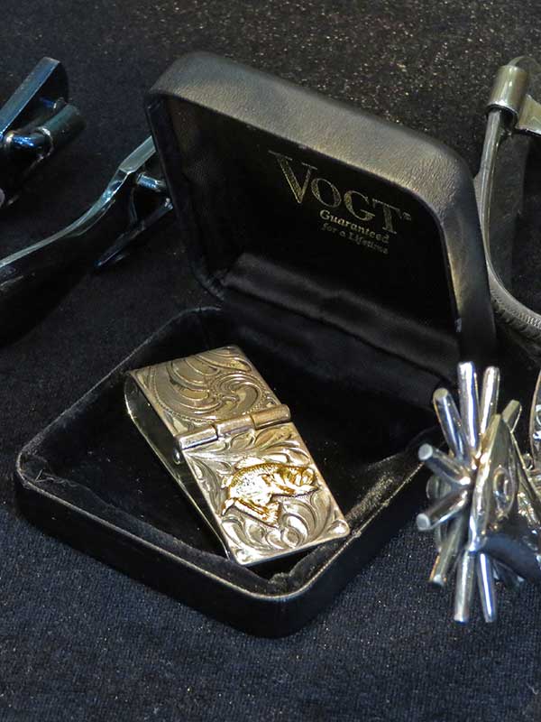 VOGT 121-033 Hand Engraved Sterling Gold Bass Hinged Money Clip  top view. If you need any assistance with this item or the purchase of this item please call us at five six one seven four eight eight eight zero one Monday through Saturday 10:00a.m EST to 8:00 p.m EST