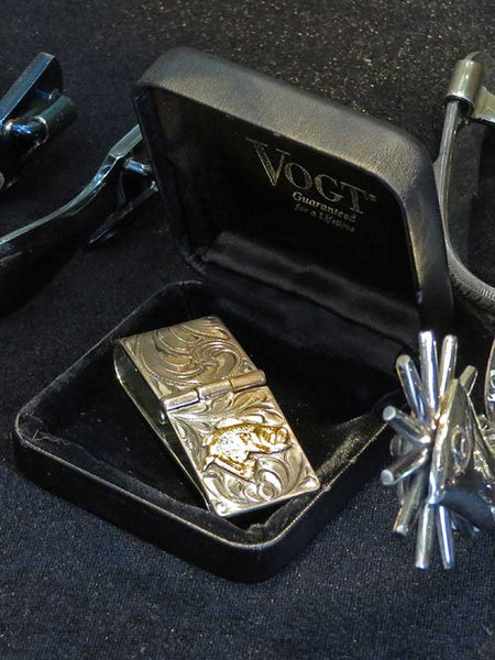 VOGT 121-033 Hand Engraved Sterling Gold Bass Hinged Money Clip  alternate view in box. If you need any assistance with this item or the purchase of this item please call us at five six one seven four eight eight eight zero one Monday through Saturday 10:00a.m EST to 8:00 p.m EST