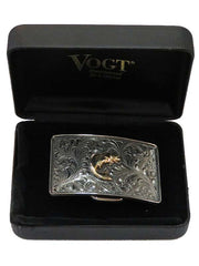 VOGT 180-004 Hand-Engraved Filigree Sterling Gold Bass Belt Buckle front view in box. If you need any assistance with this item or the purchase of this item please call us at five six one seven four eight eight eight zero one Monday through Saturday 10:00a.m EST to 8:00 p.m EST