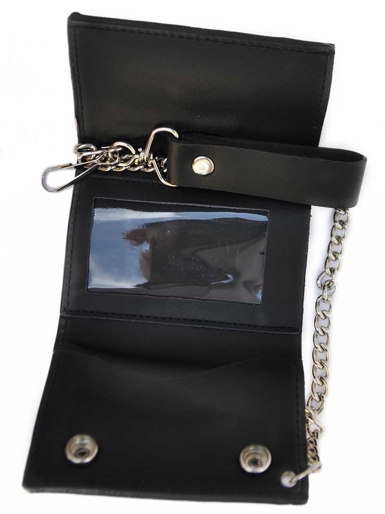 Black Leather Removable Chain Tri-fold Trucker Wallet top view. If you need any assistance with this item or the purchase of this item please call us at five six one seven four eight eight eight zero one Monday through Saturday 10:00a.m EST to 8:00 p.m EST