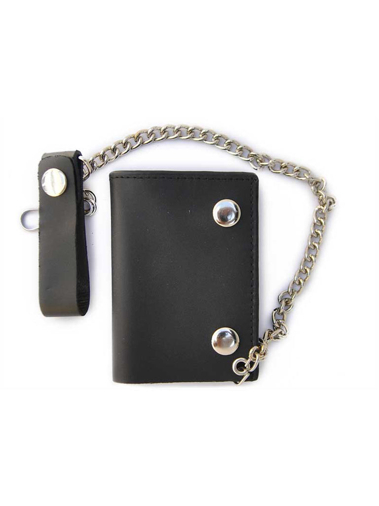 Black Leather Removable Chain Tri-fold Trucker Wallet top view. If you need any assistance with this item or the purchase of this item please call us at five six one seven four eight eight eight zero one Monday through Saturday 10:00a.m EST to 8:00 p.m EST