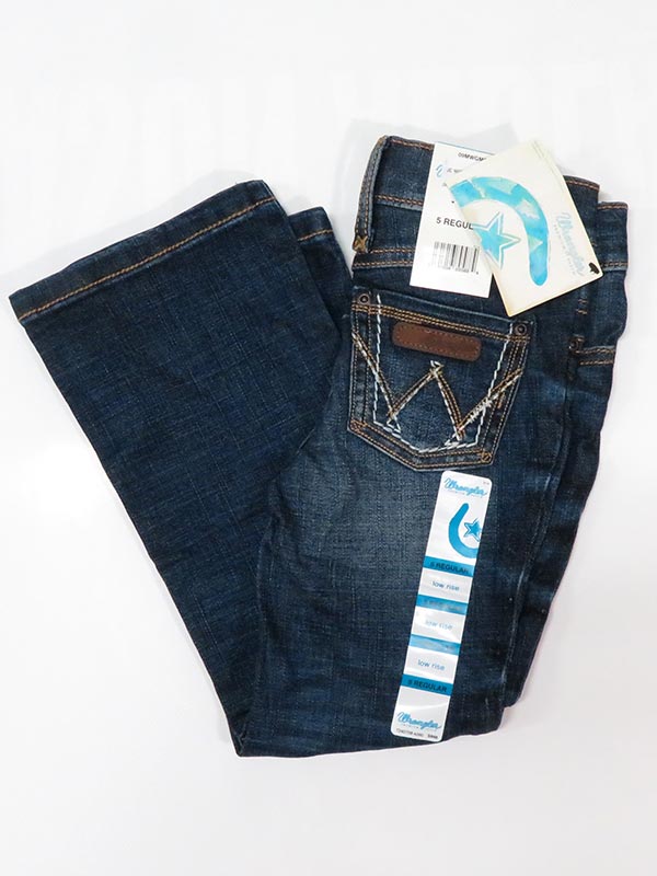 Wrangler 09MWGMS Girls Premium Patch Boot Cut Jean Medium Blue back view. If you need any assistance with this item or the purchase of this item please call us at five six one seven four eight eight eight zero one Monday through Saturday 10:00a.m EST to 8:00 p.m EST