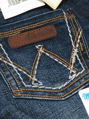 Wrangler 09MWGMS Girls Premium Patch Boot Cut Jean Medium Blue pocket close up. If you need any assistance with this item or the purchase of this item please call us at five six one seven four eight eight eight zero one Monday through Saturday 10:00a.m EST to 8:00 p.m EST