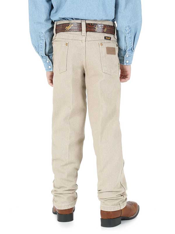 Wrangler 13MWJTN 13MWBTN Kids ProRodeo Cowboy Cut Tan Original Fit Jean Beige front view. If you need any assistance with this item or the purchase of this item please call us at five six one seven four eight eight eight zero one Monday through Saturday 10:00a.m EST to 8:00 p.m EST