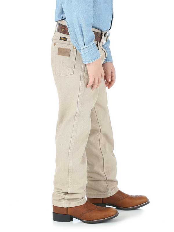 Wrangler 13MWJTN 13MWBTN Kids ProRodeo Cowboy Cut Tan Original Fit Jean Beige front view. If you need any assistance with this item or the purchase of this item please call us at five six one seven four eight eight eight zero one Monday through Saturday 10:00a.m EST to 8:00 p.m EST