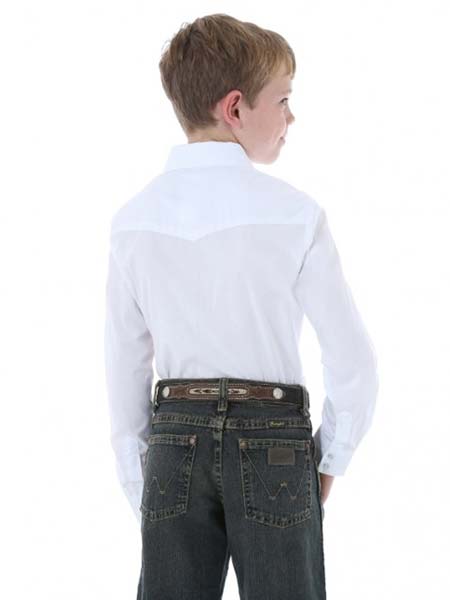 Wrangler 204WHSL Kids Long Sleeve Western Snap Shirt White front view. If you need any assistance with this item or the purchase of this item please call us at five six one seven four eight eight eight zero one Monday through Saturday 10:00a.m EST to 8:00 p.m EST