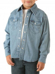 Wrangler BW1251B Boys Stonewash Denim Western Shirt Blue front view open on model . If you need any assistance with this item or the purchase of this item please call us at five six one seven four eight eight eight zero one Monday through Saturday 10:00a.m EST to 8:00 p.m EST