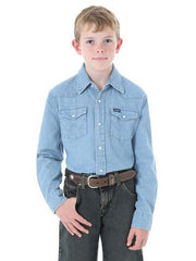 Wrangler BW1251B Boys Stonewash Denim Western Shirt Blue front view. If you need any assistance with this item or the purchase of this item please call us at five six one seven four eight eight eight zero one Monday through Saturday 10:00a.m EST to 8:00 p.m EST