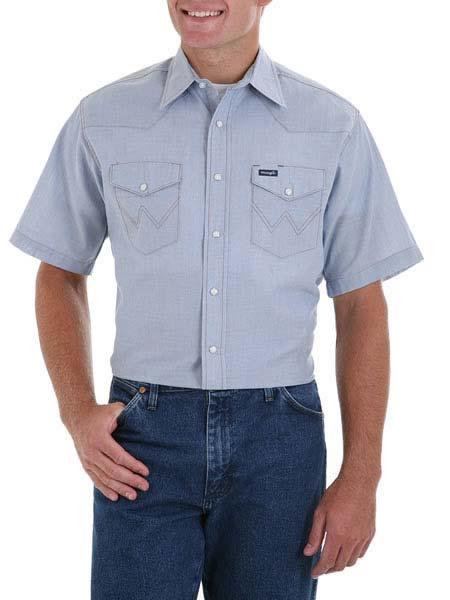 Wrangler 70131MW Mens Western Short Sleeve Chambray Work Shirt Light Blue front view. If you need any assistance with this item or the purchase of this item please call us at five six one seven four eight eight eight zero one Monday through Saturday 10:00a.m EST to 8:00 p.m EST