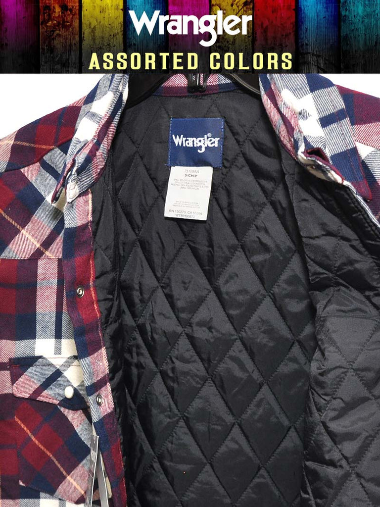 Wrangler 75108AA Mens Assorted Long Sleeve Quilted Lining Flannel Shirt 4 different colors view. If you need any assistance with this item or the purchase of this item please call us at five six one seven four eight eight eight zero one Monday through Saturday 10:00a.m EST to 8:00 p.m EST