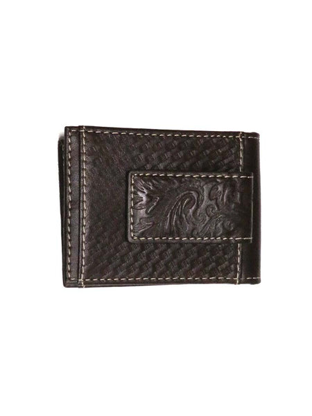 Wrangler 49010 Basket Weave Bi-Fold Front Pocket Wallet Dark Brown front view. 