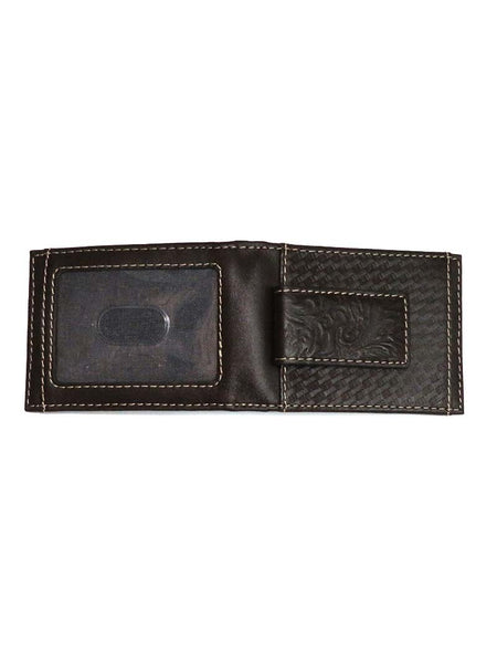 Wrangler 49010 Basket Weave Bi-Fold Front Pocket Wallet Dark Brown open view. 