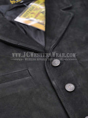 Wyoming Traders Mens Buffalo Leather Vest Black close up of front buttons and pocket . If you need any assistance with this item or the purchase of this item please call us at five six one seven four eight eight eight zero one Monday through Saturday 10:00a.m EST to 8:00 p.m EST