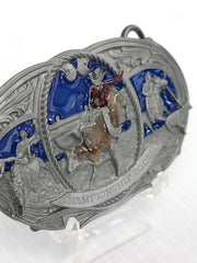 Spec Cast Y45 Champion Rodeo Solid Pewter Belt Buckle  front and side close up view. If you need any assistance with this item or the purchase of this item please call us at five six one seven four eight eight eight zero one Monday through Saturday 10:00a.m EST to 8:00 p.m EST