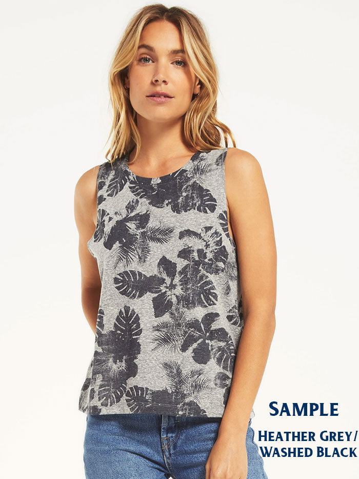 Z Supply ZT202339S-DFB Womens Kaia Tropical Print Crew-Neck Tank Top Blue front view. If you need any assistance with this item or the purchase of this item please call us at five six one seven four eight eight eight zero one Monday through Saturday 10:00a.m EST to 8:00 p.m EST