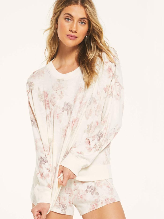 Z Supply T203442-BONE Womens Elle Floral Long Sleeve Slub Sweater Bone front view. If you need any assistance with this item or the purchase of this item please call us at five six one seven four eight eight eight zero one Monday through Saturday 10:00a.m EST to 8:00 p.m EST