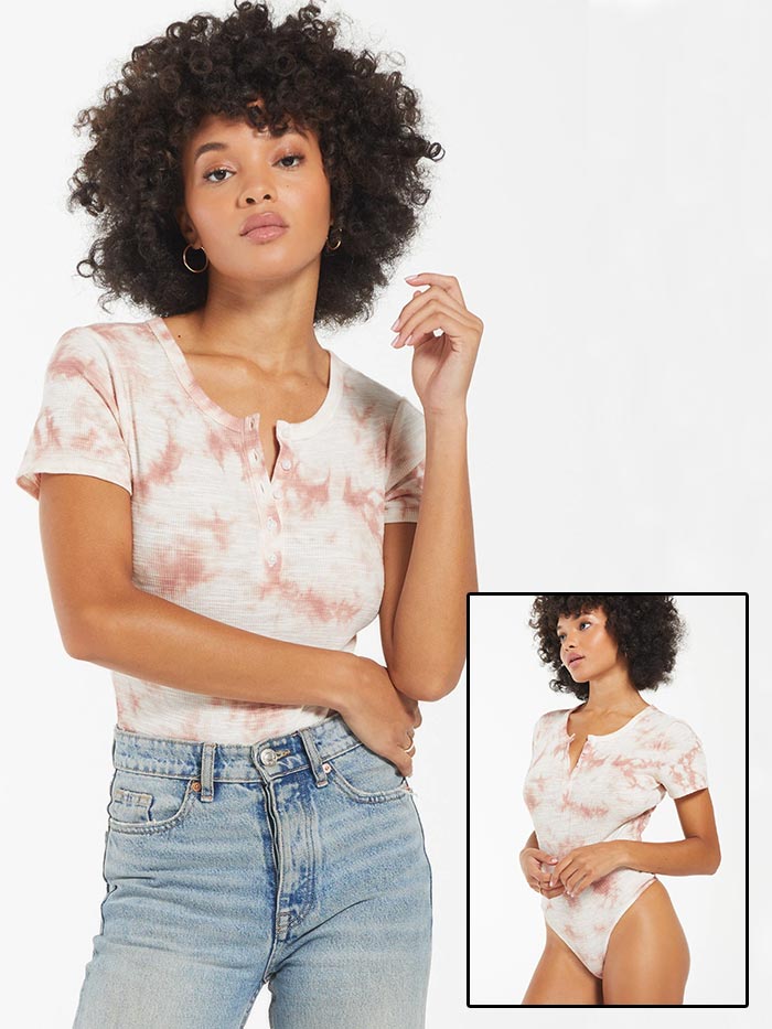 Z Supply  ZT211239-ROM Womens Lynn Cloud Tie-Dye Bodysuit Rose Mauve front view. If you need any assistance with this item or the purchase of this item please call us at five six one seven four eight eight eight zero one Monday through Saturday 10:00a.m EST to 8:00 p.m EST