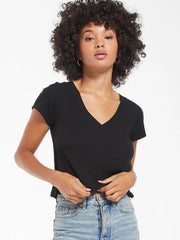 Z Supply ZT211246-BLK Womens Ava Rib Relaxed Fit V-Neck Tee Black front view. If you need any assistance with this item or the purchase of this item please call us at five six one seven four eight eight eight zero one Monday through Saturday 10:00a.m EST to 8:00 p.m EST
