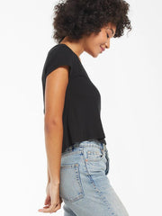 Z Supply ZT211246-BLK Womens Ava Rib Relaxed Fit V-Neck Tee Black side view. If you need any assistance with this item or the purchase of this item please call us at five six one seven four eight eight eight zero one Monday through Saturday 10:00a.m EST to 8:00 p.m EST