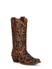 Corral T0133 Teen Inlay and Embroidery Boot Tan/Black front-side view. If you need any assistance with this item or the purchase of this item please call us at five six one seven four eight eight eight zero one Monday through Saturday 10:00a.m EST to 8:00 p.m EST