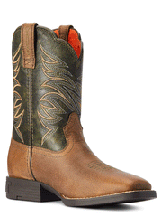 Ariat 10042414 Kids Firecatcher Western Boot Distressed Brown inner side view and front. If you need any assistance with this item or the purchase of this item please call us at five six one seven four eight eight eight zero one Monday through Saturday 10:00a.m EST to 8:00 p.m EST