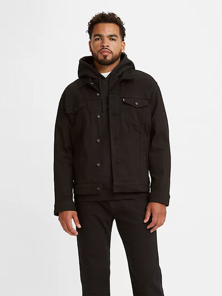 Levi's 723340223 Mens Trucker Jacket Last Night Blacks front view. If you need any assistance with this item or the purchase of this item please call us at five six one seven four eight eight eight zero one Monday through Saturday 10:00a.m EST to 8:00 p.m EST