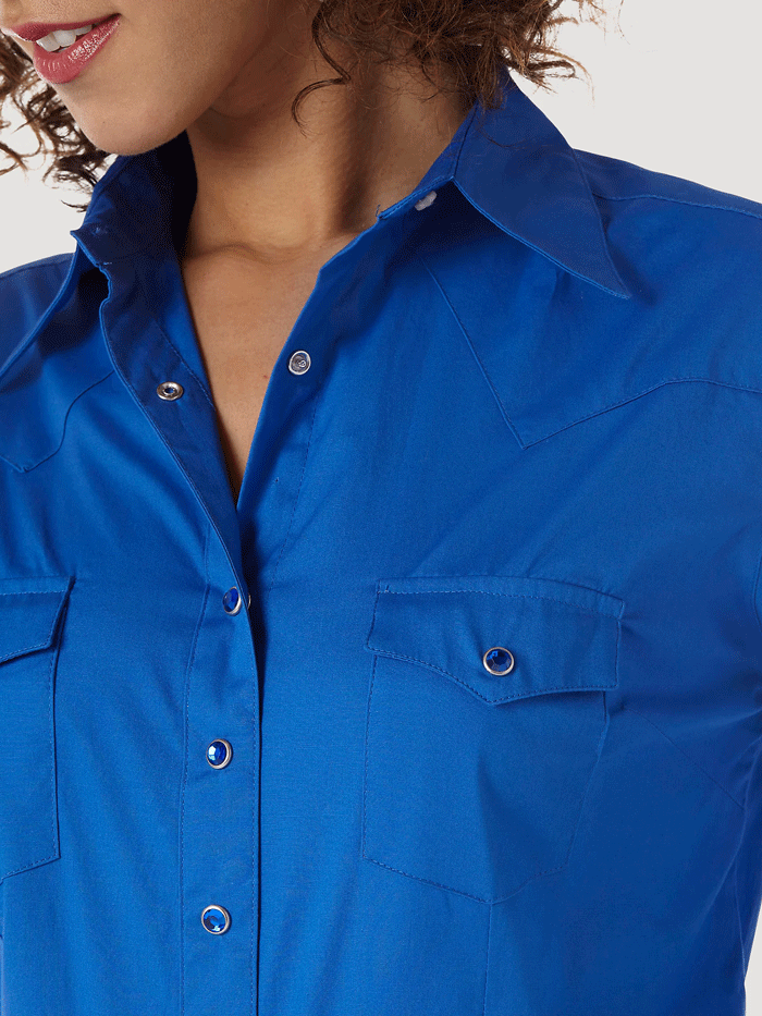 Wrangler LW1011B Ladies Western Long Sleeve Solid Shirt Royal Blue front view. If you need any assistance with this item or the purchase of this item please call us at five six one seven four eight eight eight zero one Monday through Saturday 10:00a.m EST to 8:00 p.m EST