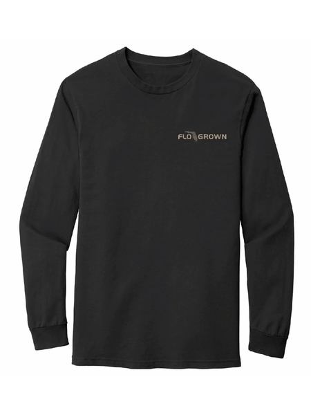 FloGrown FGM-3102 Deer Skull Badge Long Sleeve Tee Black front view. If you need any assistance with this item or the purchase of this item please call us at five six one seven four eight eight eight zero one Monday through Saturday 10:00a.m EST to 8:00 p.m EST