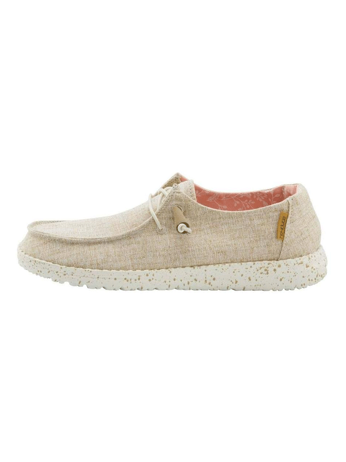 Hey Dude 121410121 Womens Wendy Shoe Chambray White Nut side view of pair. If you need any assistance with this item or the purchase of this item please call us at five six one seven four eight eight eight zero one Monday through Saturday 10:00a.m EST to 8:00 p.m EST