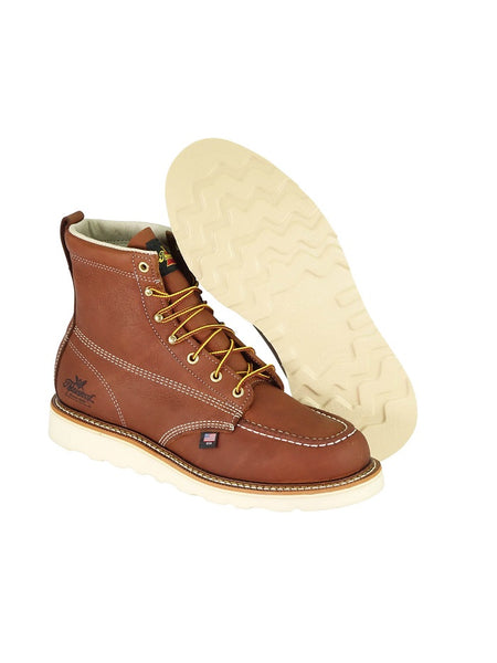 Thorogood 814-4200 Mens MAXWear Wedge Moc Toe Boot Tobacco side and sole view. If you need any assistance with this item or the purchase of this item please call us at five six one seven four eight eight eight zero one Monday through Saturday 10:00a.m EST to 8:00 p.m EST