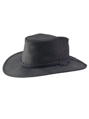 American Hat Makers CRUSHER-BLK Leather Outback Hat Black front and side view. If you need any assistance with this item or the purchase of this item please call us at five six one seven four eight eight eight zero one Monday through Saturday 10:00a.m EST to 8:00 p.m EST