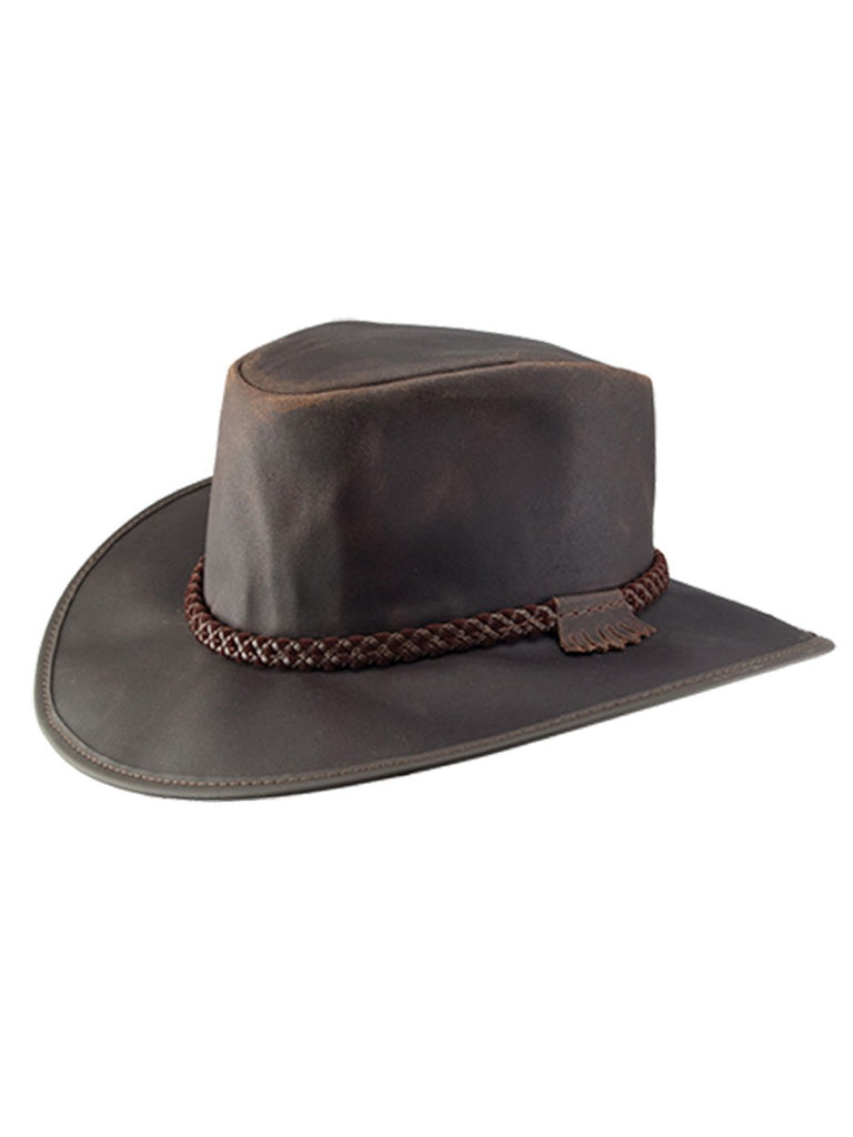 American Hat Makers CRUSHER-CHO Leather Outback Hat Chocolate front and side view. If you need any assistance with this item or the purchase of this item please call us at five six one seven four eight eight eight zero one Monday through Saturday 10:00a.m EST to 8:00 p.m EST