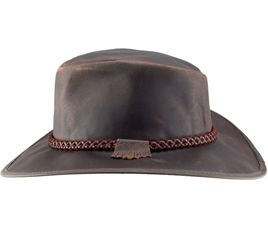 American Hat Makers CRUSHER-CHO Leather Outback Hat Chocolate front and side view. If you need any assistance with this item or the purchase of this item please call us at five six one seven four eight eight eight zero one Monday through Saturday 10:00a.m EST to 8:00 p.m EST