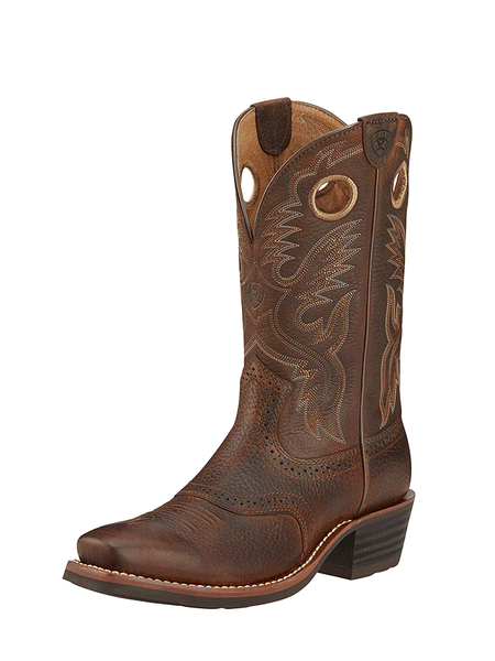 Ariat 10002227 Mens Heritage Roughstock Western Boot Brown Oiled Rowdy front-side view. If you need any assistance with this item or the purchase of this item please call us at five six one seven four eight eight eight zero one Monday through Saturday 10:00a.m EST to 8:00 p.m EST