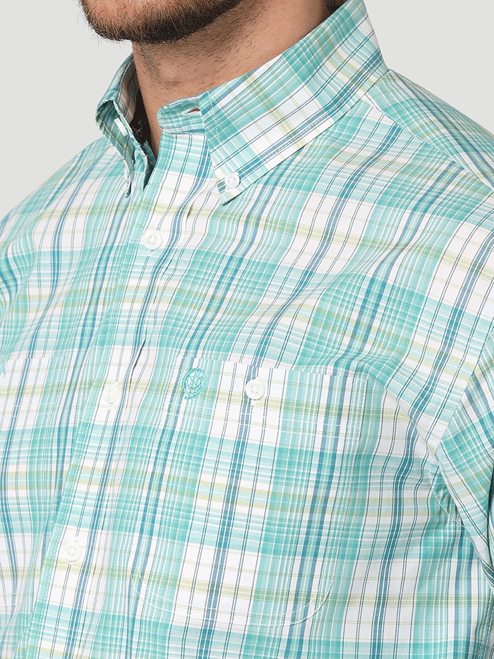 Wrangler 112314963 Mens George Strait Long Sleeve Plaid Shirt Turquoise Madras front view. If you need any assistance with this item or the purchase of this item please call us at five six one seven four eight eight eight zero one Monday through Saturday 10:00a.m EST to 8:00 p.m EST