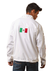 Ariat 10043549 Mens New Team Softshell MEXICO Jacket White back view. If you need any assistance with this item or the purchase of this item please call us at five six one seven four eight eight eight zero one Monday through Saturday 10:00a.m EST to 8:00 p.m EST