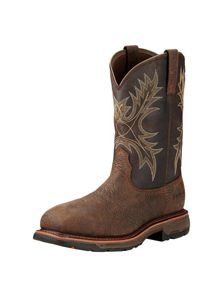 Ariat 10017420 Mens Workhog Wide Square Waterproof Composite Toe Work Boots Bruin side and front view. If you need any assistance with this item or the purchase of this item please call us at five six one seven four eight eight eight zero one Monday through Saturday 10:00a.m EST to 8:00 p.m EST