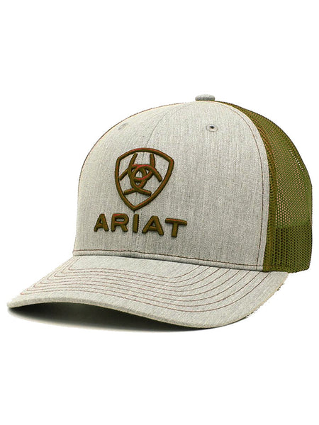 Ariat A300005104 Mens Embroidered Red Shield Logo Cap Grey front and side view. If you need any assistance with this item or the purchase of this item please call us at five six one seven four eight eight eight zero one Monday through Saturday 10:00a.m EST to 8:00 p.m EST