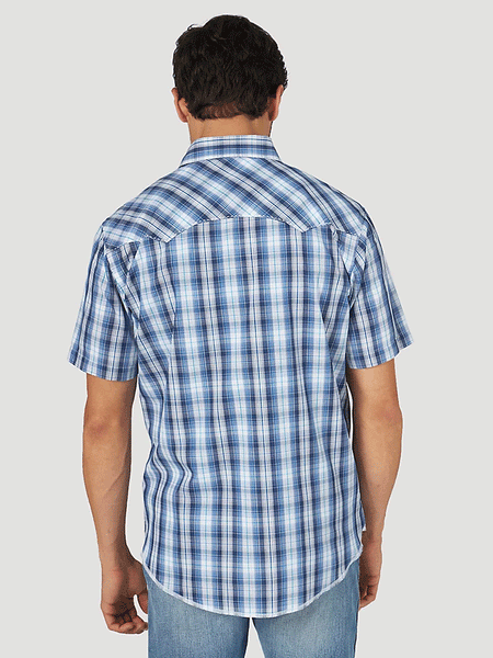 Wrangler 10MVG340B Mens Snap Short Sleeve Plaid Shirt White/Blue back view. If you need any assistance with this item or the purchase of this item please call us at five six one seven four eight eight eight zero one Monday through Saturday 10:00a.m EST to 8:00 p.m EST