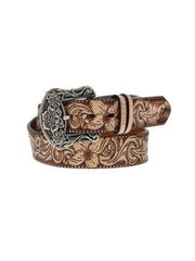 Hooey HWBLT004 Womens Feather & Floral Filigree Embossed Belt & Floral Tongue Buckle Natural Brown Red front view. If you need any assistance with this item or the purchase of this item please call us at five six one seven four eight eight eight zero one Monday through Saturday 10:00a.m EST to 8:00 p.m EST
