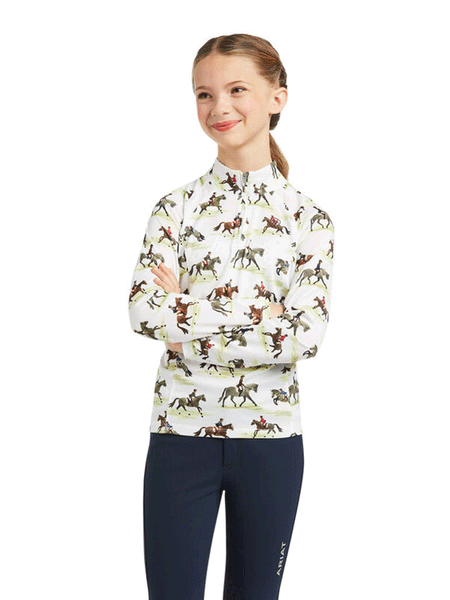 Ariat 10039343 Kids Sunstopper Baselayer Good Show Print front view. If you need any assistance with this item or the purchase of this item please call us at five six one seven four eight eight eight zero one Monday through Saturday 10:00a.m EST to 8:00 p.m EST