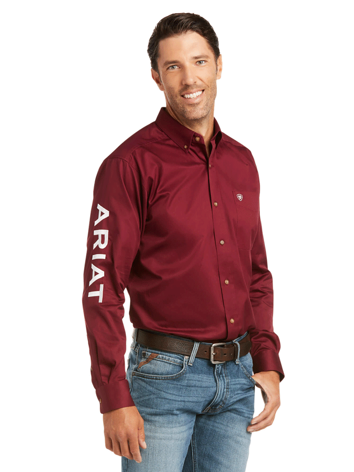 Ariat 10034233 Mens Team Logo Twill Fitted Shirt Burgundy front view. If you need any assistance with this item or the purchase of this item please call us at five six one seven four eight eight eight zero one Monday through Saturday 10:00a.m EST to 8:00 p.m EST