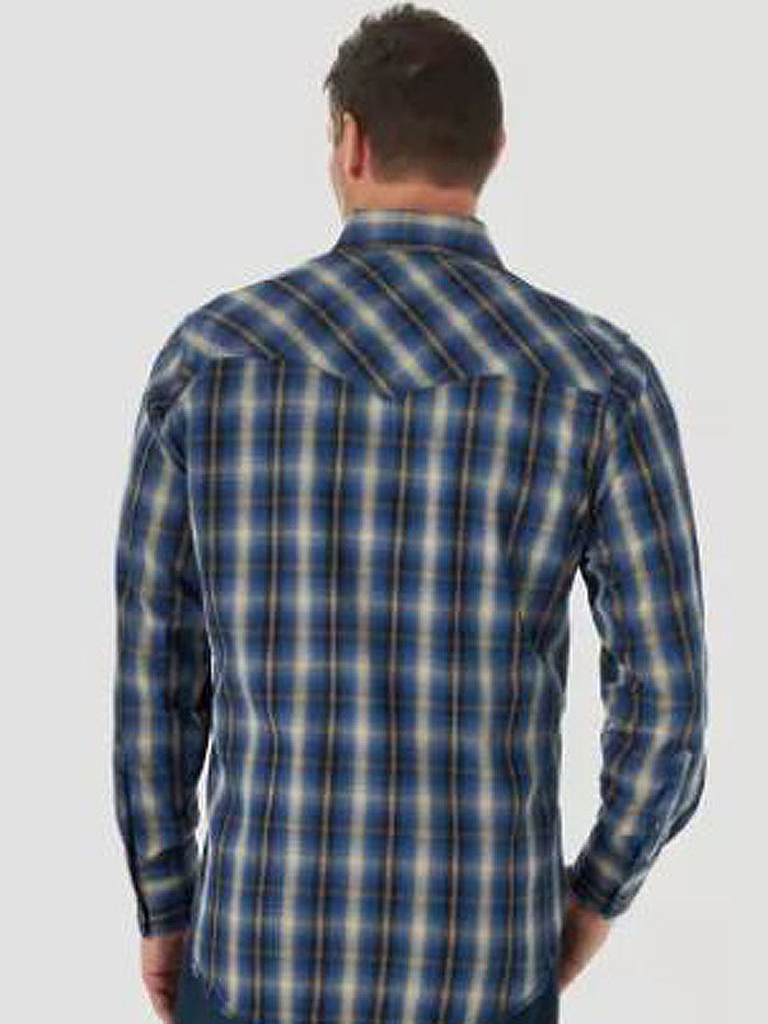 Wrangler MACW20B Mens Performance Long Sleeve Shirt Plaid Blue front view. If you need any assistance with this item or the purchase of this item please call us at five six one seven four eight eight eight zero one Monday through Saturday 10:00a.m EST to 8:00 p.m EST