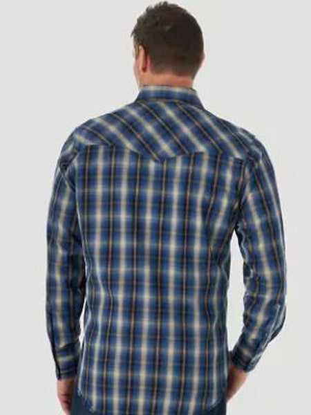 Wrangler MACW20B Mens Performance Long Sleeve Shirt Plaid Blue back view. If you need any assistance with this item or the purchase of this item please call us at five six one seven four eight eight eight zero one Monday through Saturday 10:00a.m EST to 8:00 p.m EST