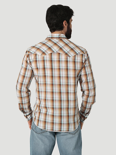 Wrangler 112317070 Mens Snap Plaid Long Sleeve Shirt Rawhide back view. If you need any assistance with this item or the purchase of this item please call us at five six one seven four eight eight eight zero one Monday through Saturday 10:00a.m EST to 8:00 p.m EST
